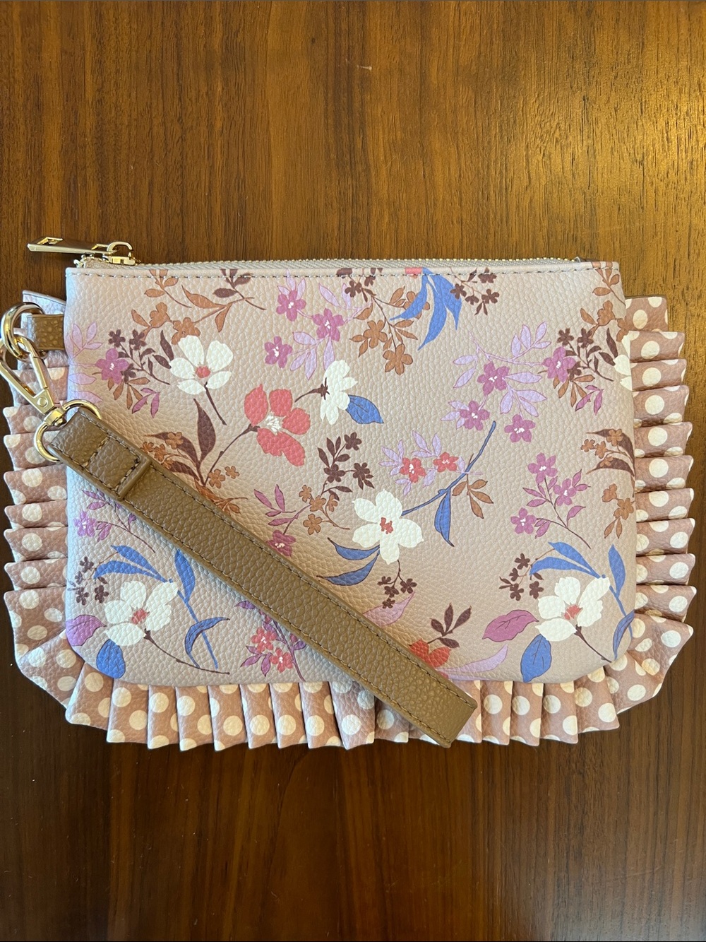 Cato Floral and Polka Dot Ruffle Wristlet Clutch in Tan